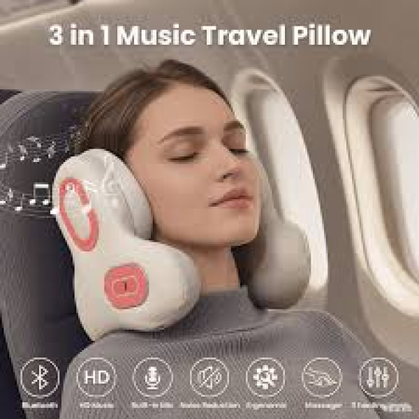 3in1 Neck Pillow for Travel, Bluetooth Noise-Canceling Headset with Neck Massager and Heat, U-Shape Memory Foam Airplane Pillows